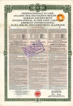 German Government International 5.5% 1930 Young Gold Bond (Uncanceled) with PASS-CO Authentication